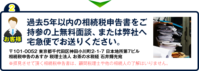 過去5年以内の相続税申告書をご持参の上無料面談、または弊社へ宅急便でお送りくだい。